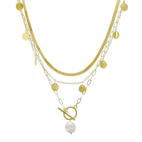 14k Gold Plated Pearl and 3-Layer Necklace