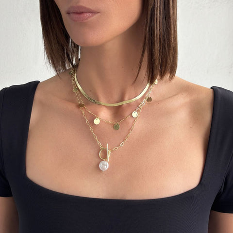 14k Gold Plated Pearl and 3-Layer Necklace