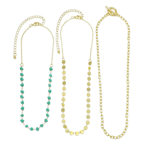 14k Gold Plated 3-Layer Toggle, Confetti, and Turquoise Necklace