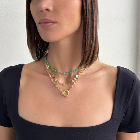 14k Gold Plated 3-Layer Toggle, Confetti, and Turquoise Necklace