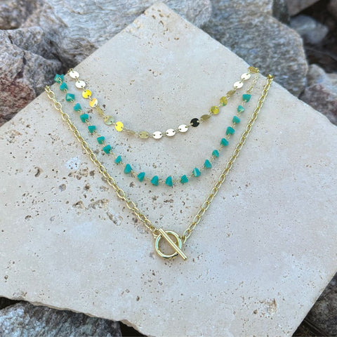 14k Gold Plated 3-Layer Toggle, Confetti, and Turquoise Necklace