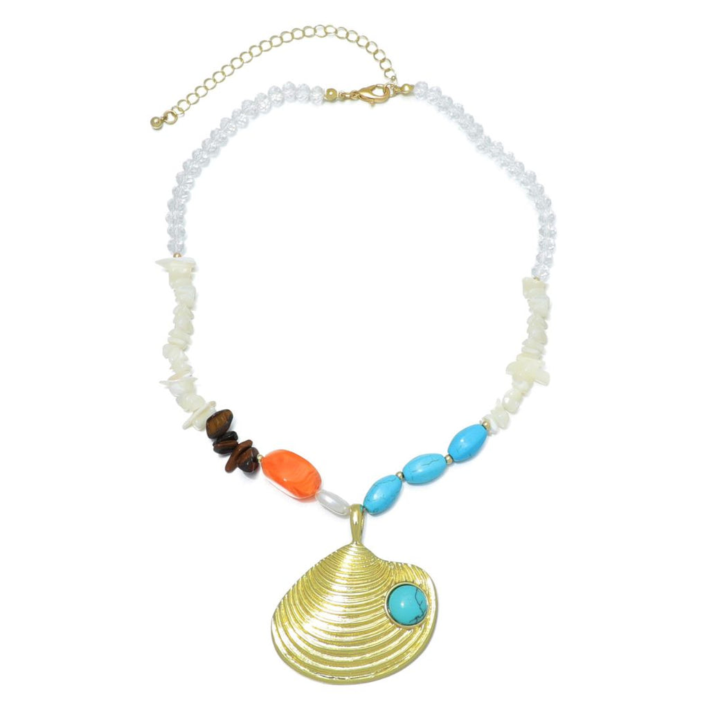 Gold Plated Mixed Beaded Necklace with Oversized Shell