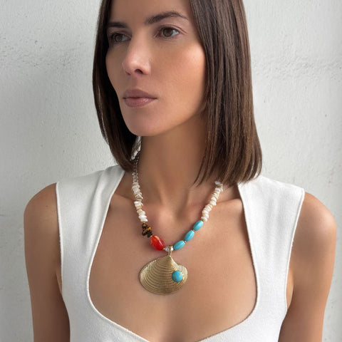 Gold Plated Mixed Beaded Necklace with Oversized Shell
