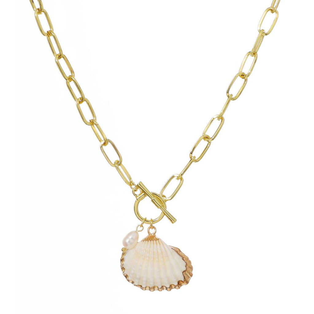 14k Gold Plated Freshwater Pearl Shell Toggle Necklace