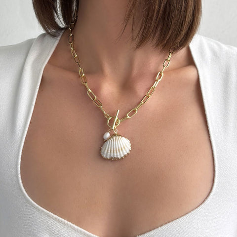 14k Gold Plated Freshwater Pearl Shell Toggle Necklace
