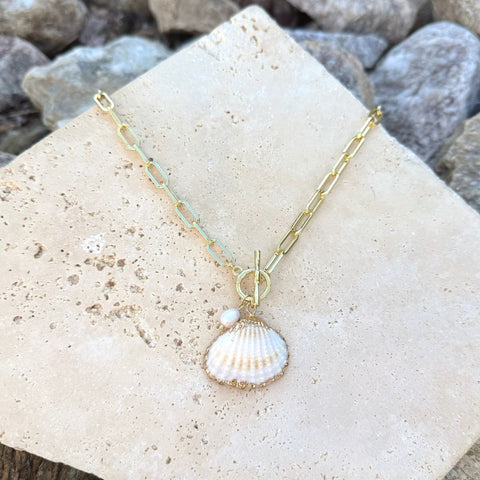 14k Gold Plated Freshwater Pearl Shell Toggle Necklace