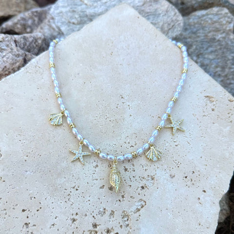 14k Gold Plated Adjustable 2mm Pearl Charm Necklace