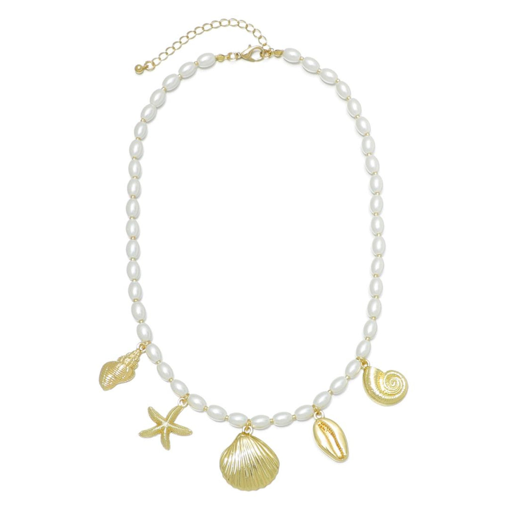 Gold Plated Chunky Pearl and Sea Charms Necklace