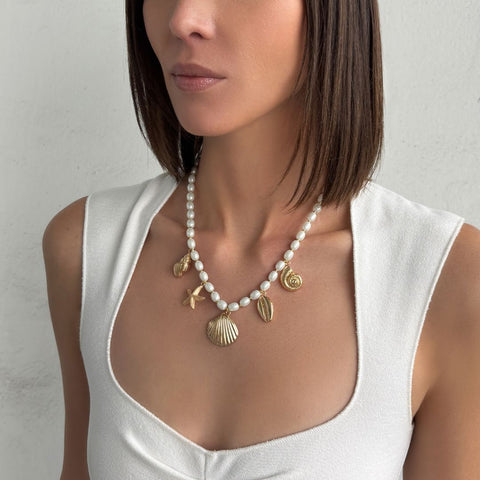 Gold Plated Chunky Pearl and Sea Charms Necklace
