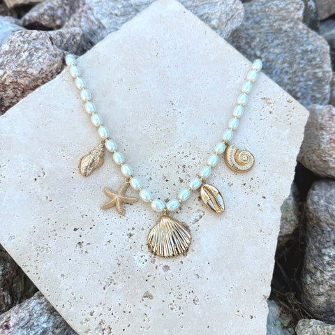Gold Plated Chunky Pearl and Sea Charms Necklace