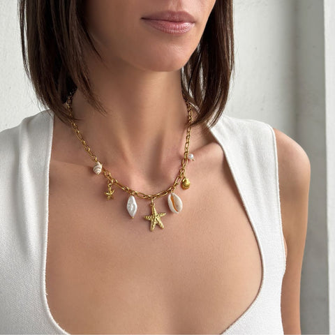 Tarnish Resistant 18k Gold Plated Freshwater Pearl and Charm Necklace