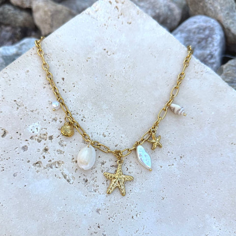 Tarnish Resistant 18k Gold Plated Freshwater Pearl and Charm Necklace