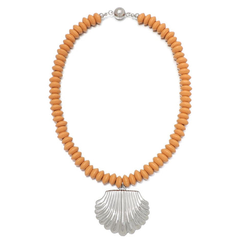 Silver Plated Oversized Shell Charm on a Wood Beaded Magnetic Clasp Chain