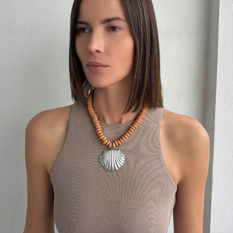 Silver Plated Oversized Shell Charm on a Wood Beaded Magnetic Clasp Chain