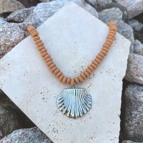 Silver Plated Oversized Shell Charm on a Wood Beaded Magnetic Clasp Chain
