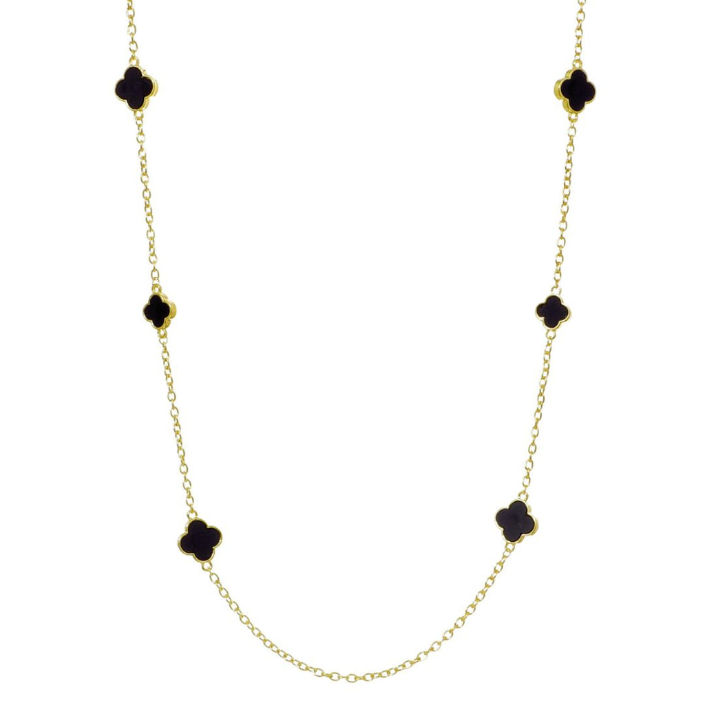 Gold Plated 36" Black Flower Station Necklace