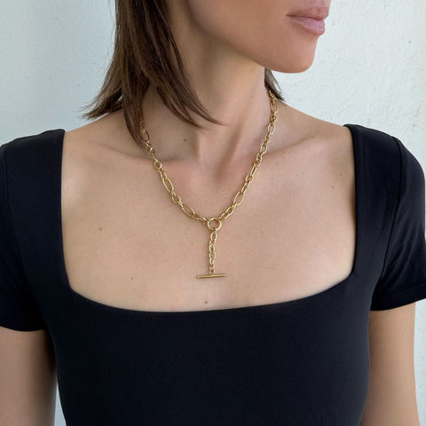 Tarnish Resistant 18k Gold Plated Mixed Link Y-Necklace