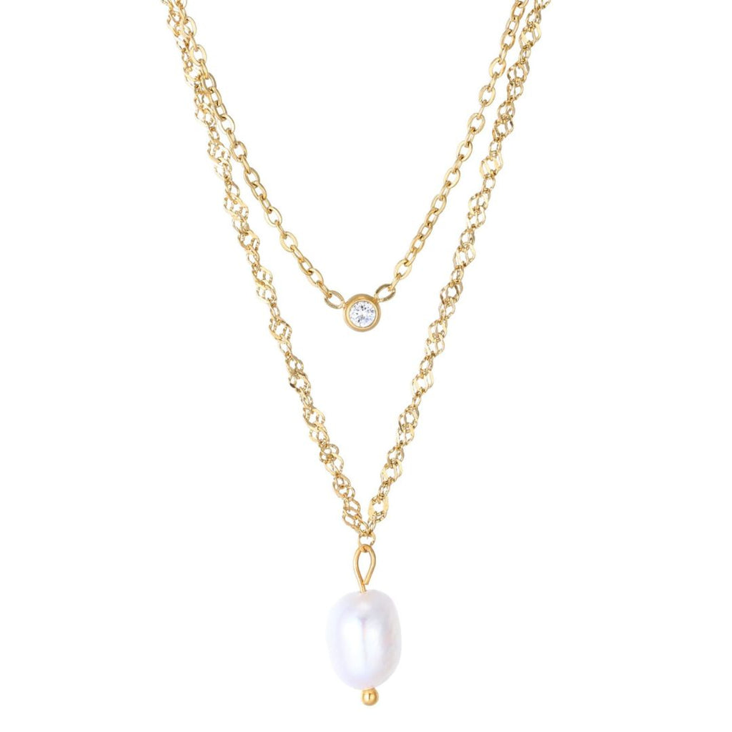 Tarnish Resistant 18k Gold Plated Layered Freshwater Pearl and CZ Necklace Set