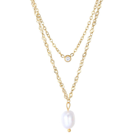 Tarnish Resistant 18k Gold Plated Layered Freshwater Pearl and CZ Necklace Set