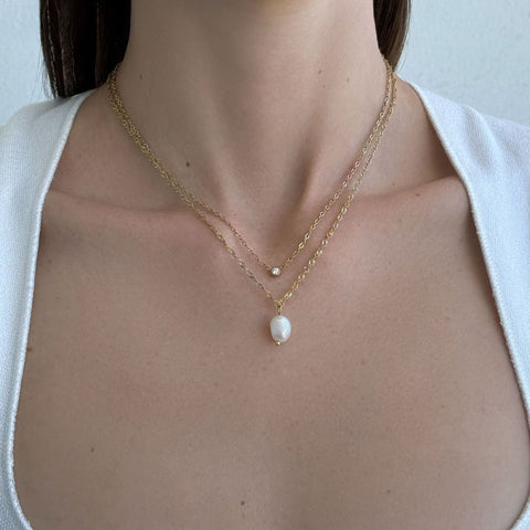 Tarnish Resistant 18k Gold Plated Layered Freshwater Pearl and CZ Necklace Set