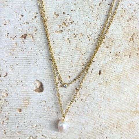 Tarnish Resistant 18k Gold Plated Layered Freshwater Pearl and CZ Necklace Set