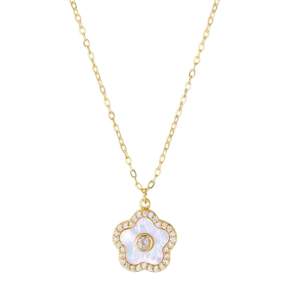 14k Gold Plated Mother of Pearl Flower with CZ Center Stone Pendant Necklace