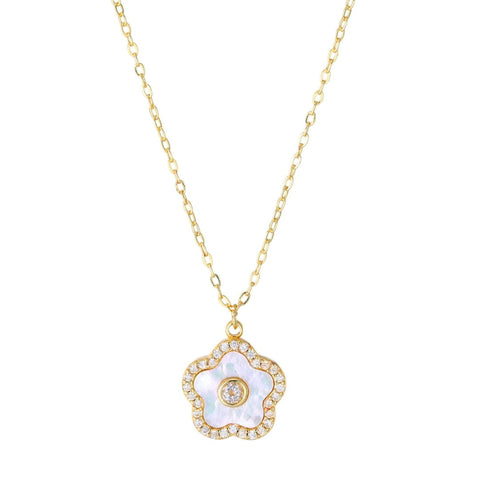 14k Gold Plated Mother of Pearl Flower with CZ Center Stone Pendant Necklace