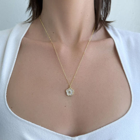 14k Gold Plated Mother of Pearl Flower with CZ Center Stone Pendant Necklace