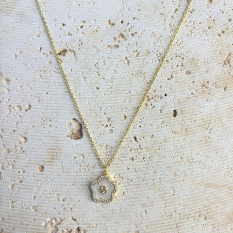 14k Gold Plated Mother of Pearl Flower with CZ Center Stone Pendant Necklace