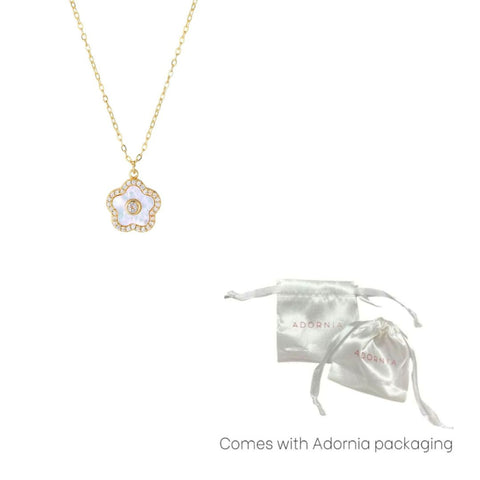 14k Gold Plated Mother of Pearl Flower with CZ Center Stone Pendant Necklace