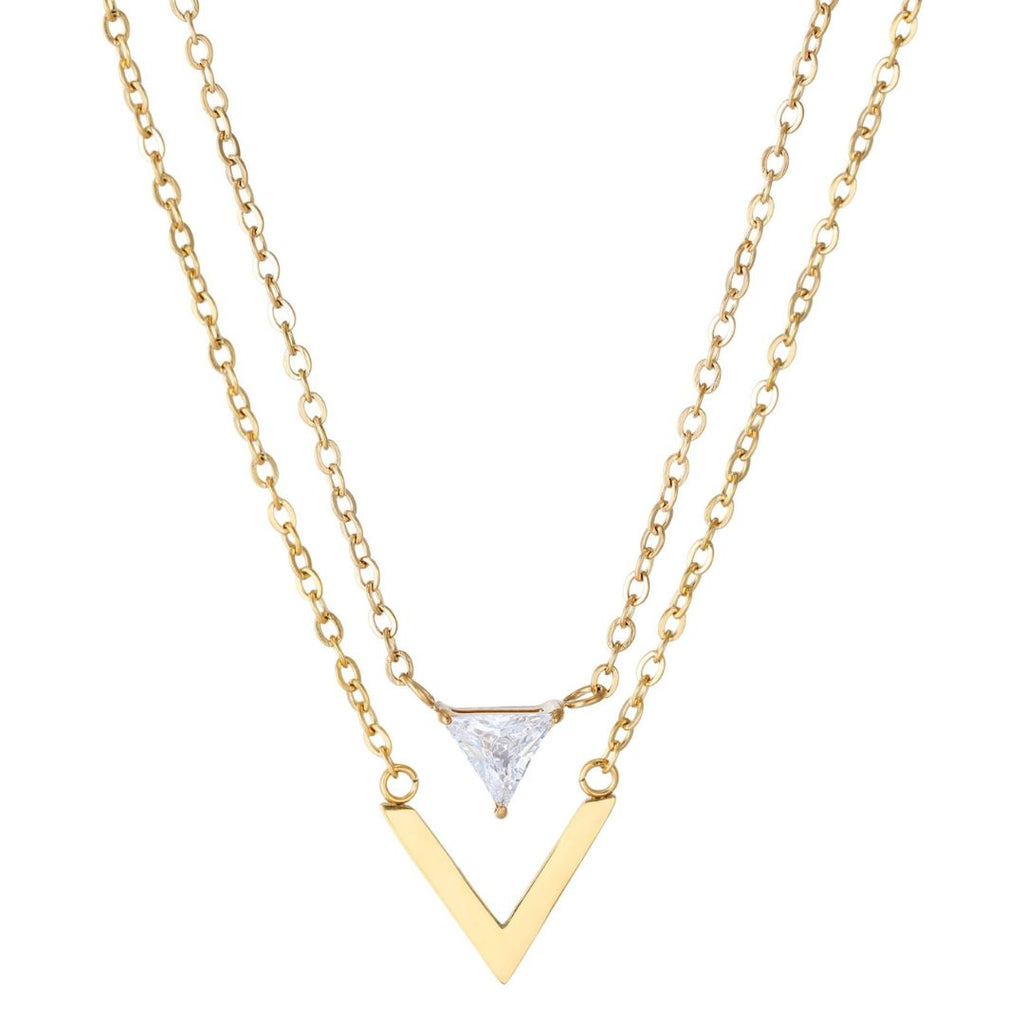 18k Gold Plated Set of 2 Triangle CZ Pendant Necklaces