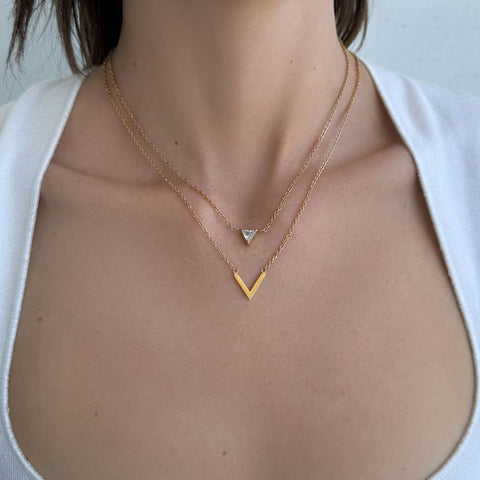 18k Gold Plated Set of 2 Triangle CZ Pendant Necklaces