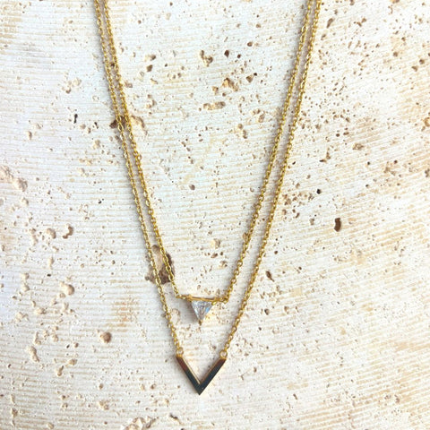 18k Gold Plated Set of 2 Triangle CZ Pendant Necklaces