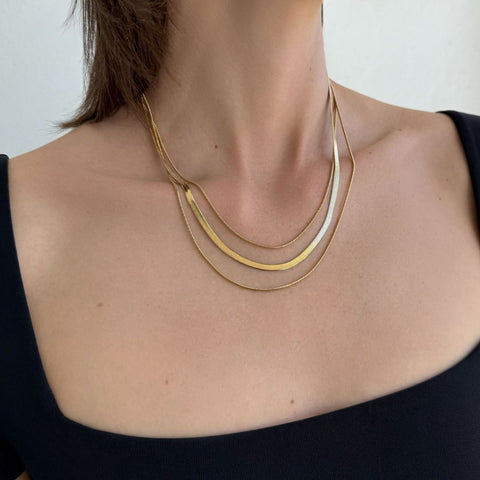 Tarnish Resistant 18k Gold Plated Layered Herringbone Necklace Set