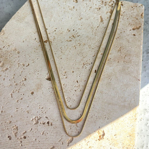 Tarnish Resistant 18k Gold Plated Layered Herringbone Necklace Set