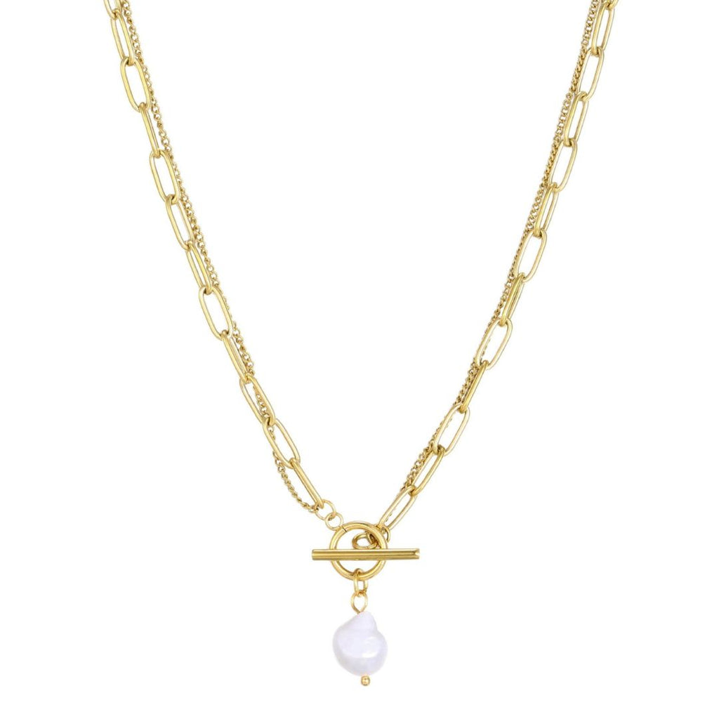 Tarnish Resistant 18k Gold Plated Layered Freshwater Pearl Toggle Necklace