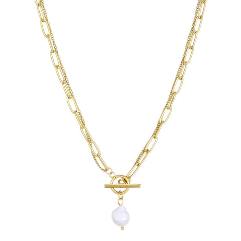 Tarnish Resistant 18k Gold Plated Layered Freshwater Pearl Toggle Necklace
