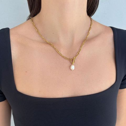 Tarnish Resistant 18k Gold Plated Layered Freshwater Pearl Toggle Necklace