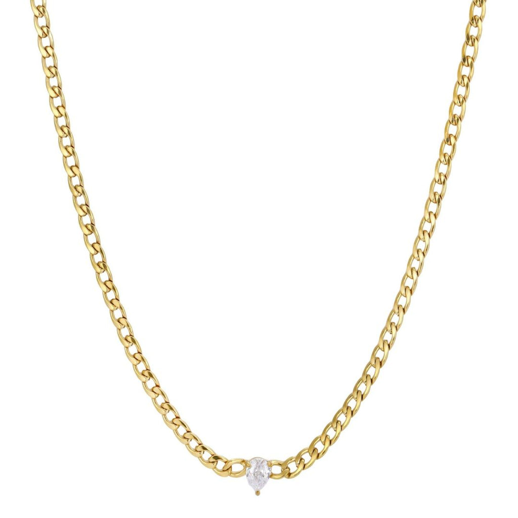 Tarnish Resistant 18k Gold Plated CZ Center Flat Curb Chain Necklace