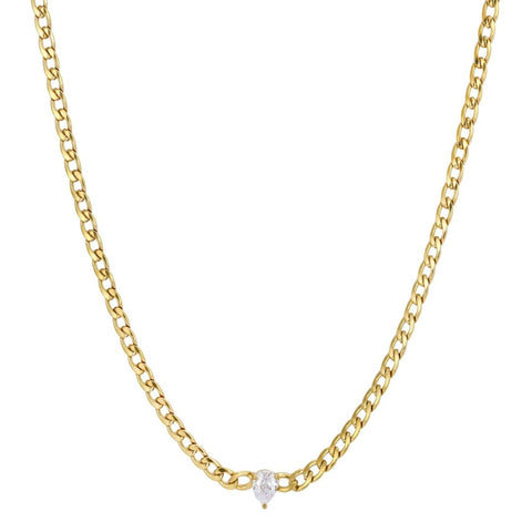 Tarnish Resistant 18k Gold Plated CZ Center Flat Curb Chain Necklace