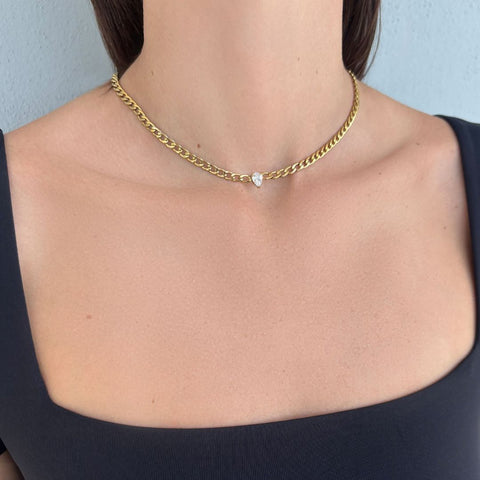 Tarnish Resistant 18k Gold Plated CZ Center Flat Curb Chain Necklace