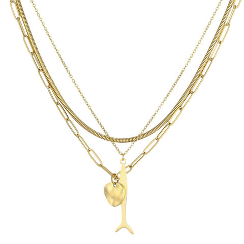 Tarnish Resistant 18k Gold Plated Layered Connected Set of 3 Necklaces with Fish Pendant