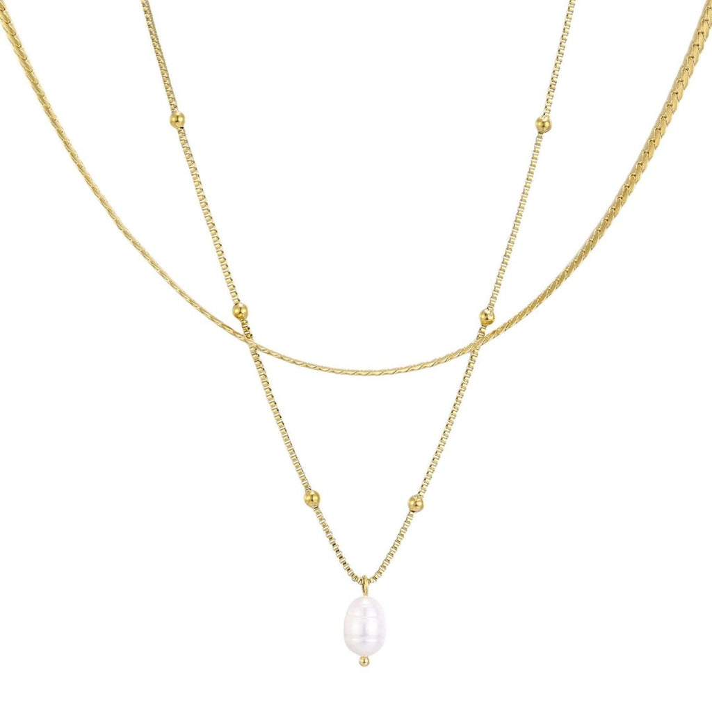 Tarnish Resistant 18k Gold Plated Set of 2 Necklaces with Freshwater Pearl