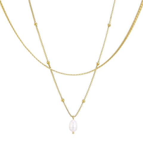 Tarnish Resistant 18k Gold Plated Set of 2 Necklaces with Freshwater Pearl