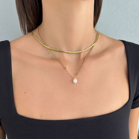 Tarnish Resistant 18k Gold Plated Set of 2 Necklaces with Freshwater Pearl
