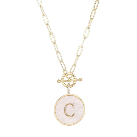 14k Gold Plated Mother-of-Pearl CZ Initial Toggle Necklace