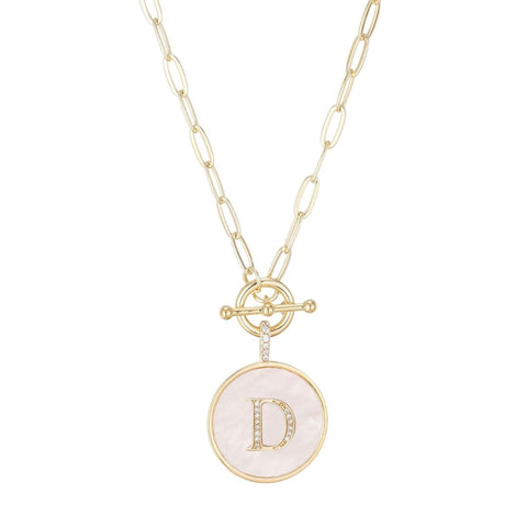 14k Gold Plated Mother-of-Pearl CZ Initial Toggle Necklace