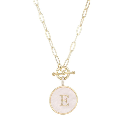 14k Gold Plated Mother-of-Pearl CZ Initial Toggle Necklace