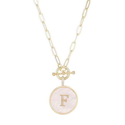 14k Gold Plated Mother-of-Pearl CZ Initial Toggle Necklace