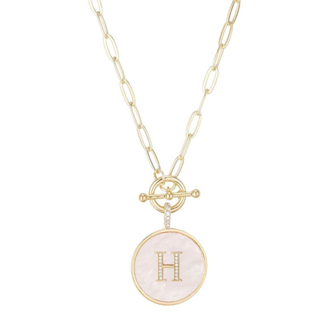 14k Gold Plated Mother-of-Pearl CZ Initial Toggle Necklace